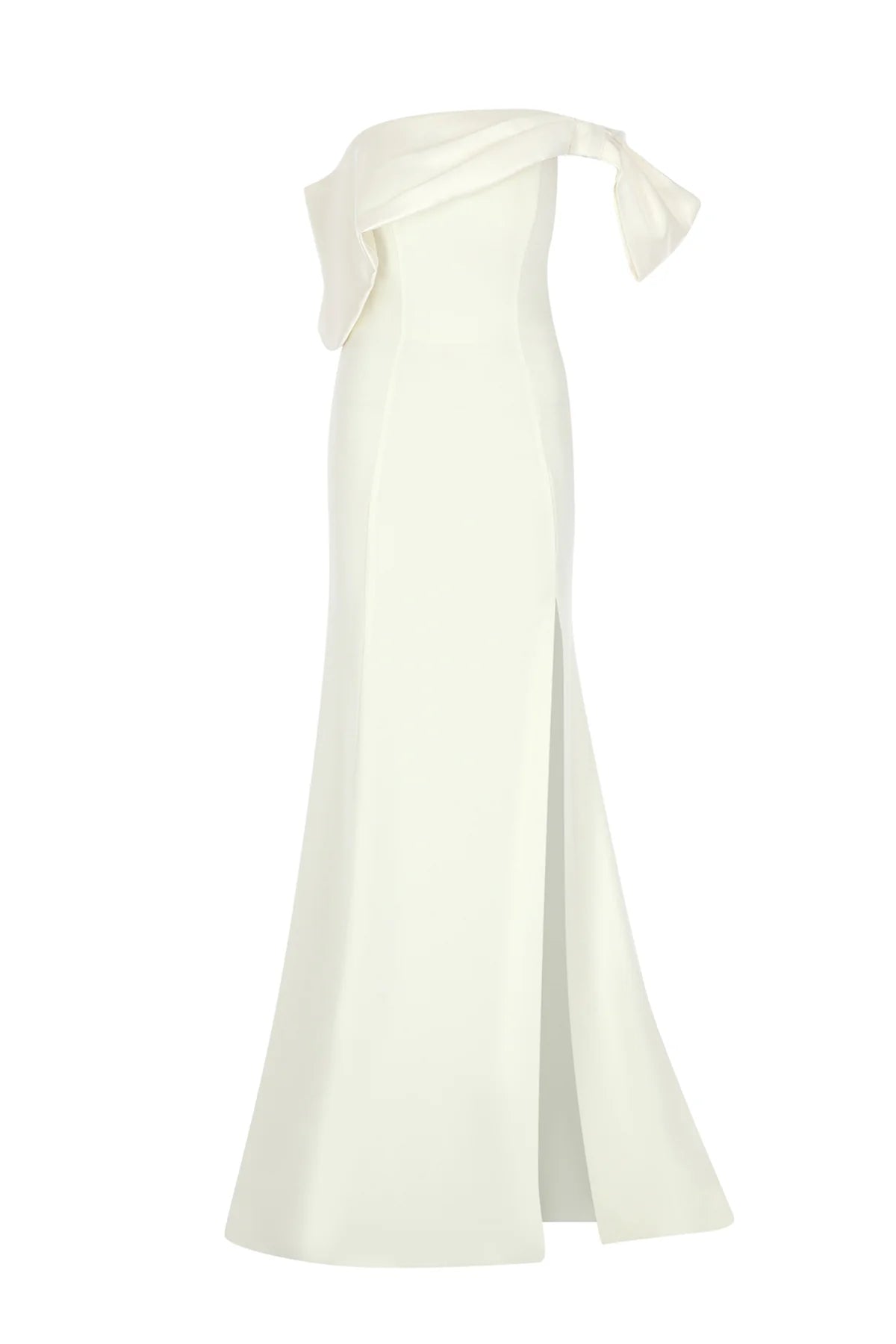 FİYONK DETAYLI OMZU AÇIK YIRTMAÇLI UZUN ELBİSE 2112