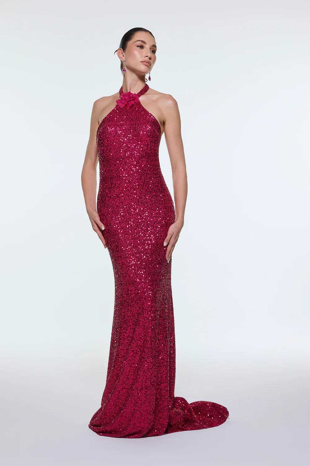 BOYUNDAN ASKILI ÇİÇEK DETAYLI PAYET UZUN ABİYE ELBİSE - 9348C