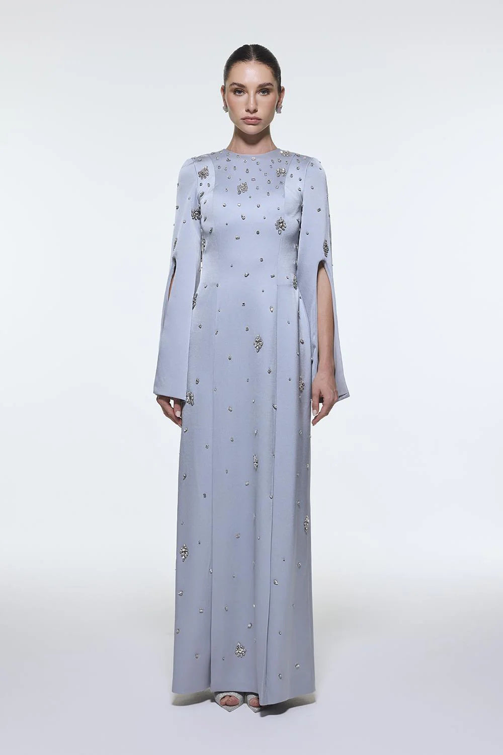 TAŞ İŞLEMELİ UZUN KOLLU KREP ABİYE ELBİSE - 9403C