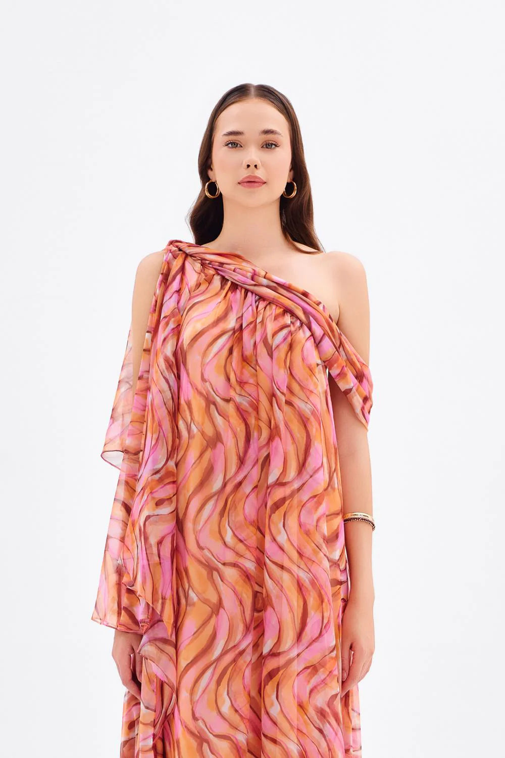 DÜŞÜK OMUZLU ŞİFON MİDİ ABİYE ELBİSE - 9081C