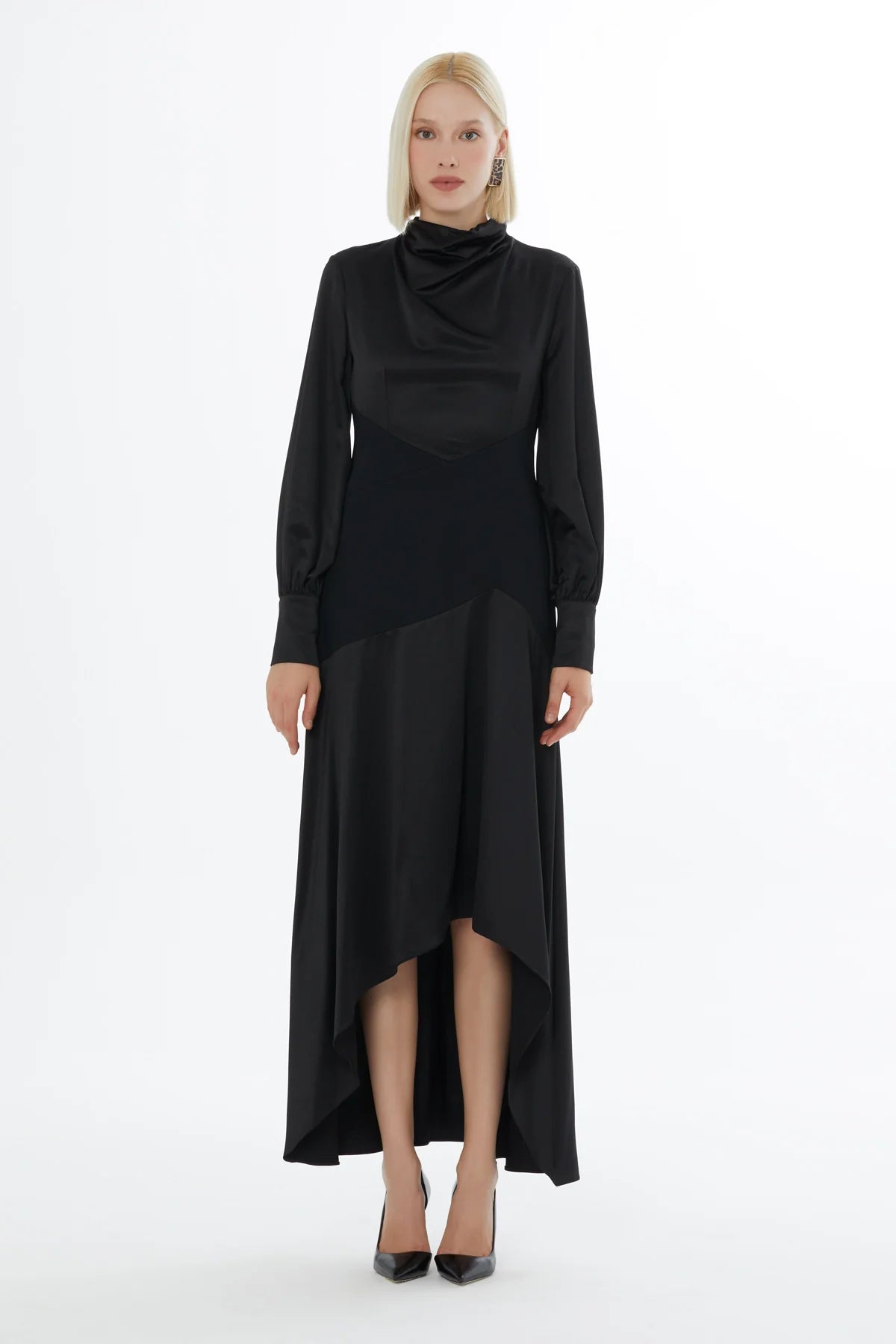 Degaje Yakalı Bel Detaylı Midi Elbise