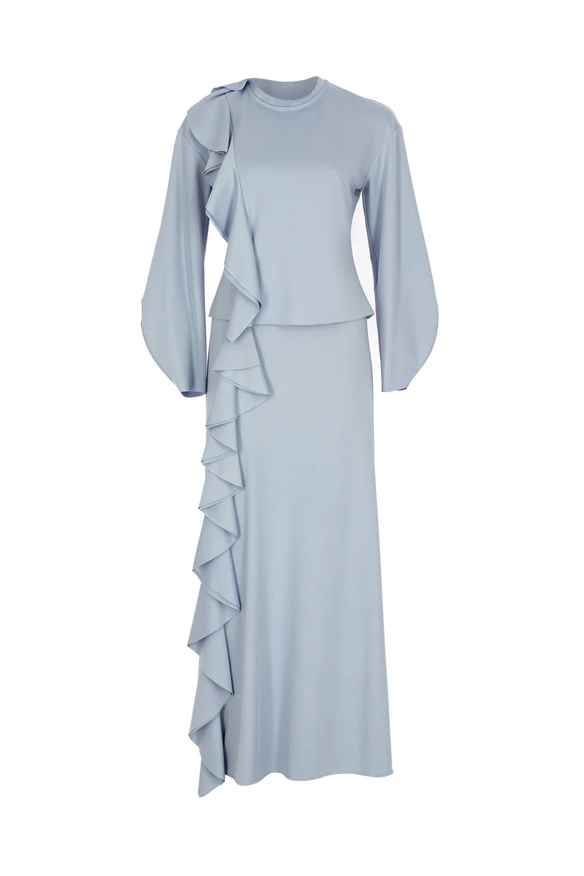 VOLANLI YÜKSEK YAKA BLUZ ETEK TAKIM