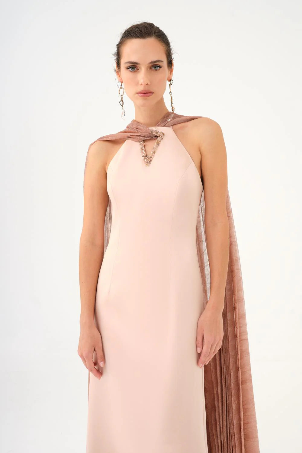 ŞALLI TAŞ İŞLEMELİ SATEN UZUN ABİYE ELBİSE - 9052C