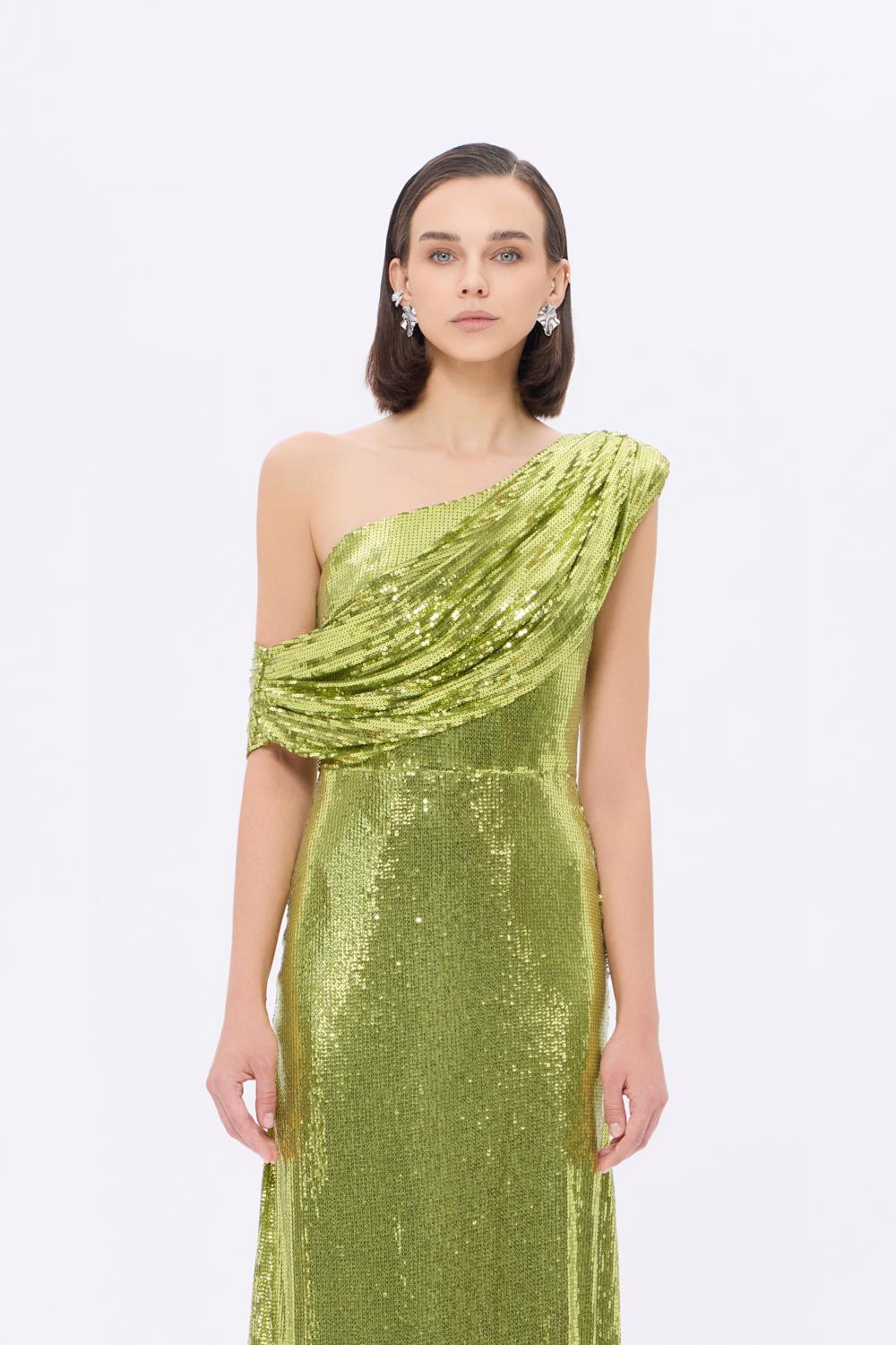 9305C Asymmetric Neckline Long Sequin Evening Dress