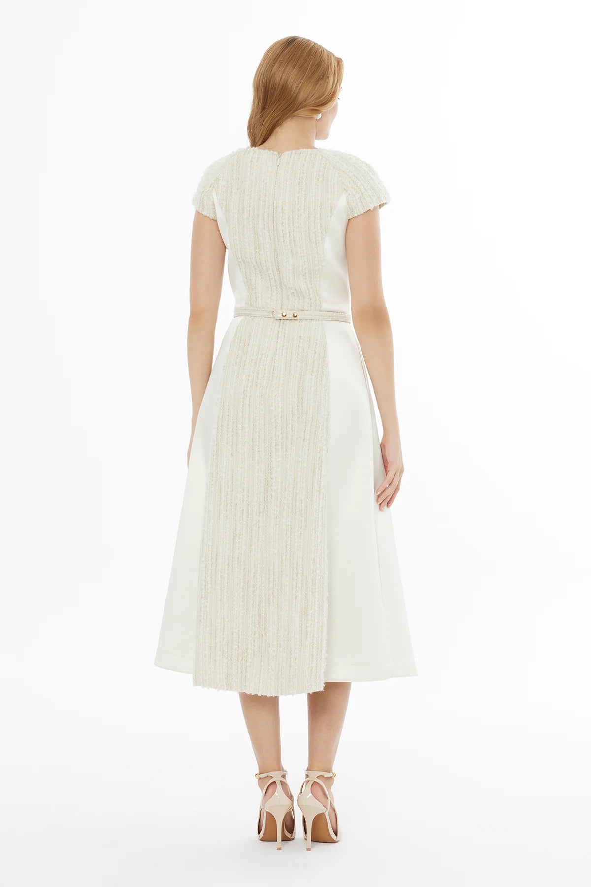 V Yaka Fermuar Kapamalı Kısa Kol Midi Elbise