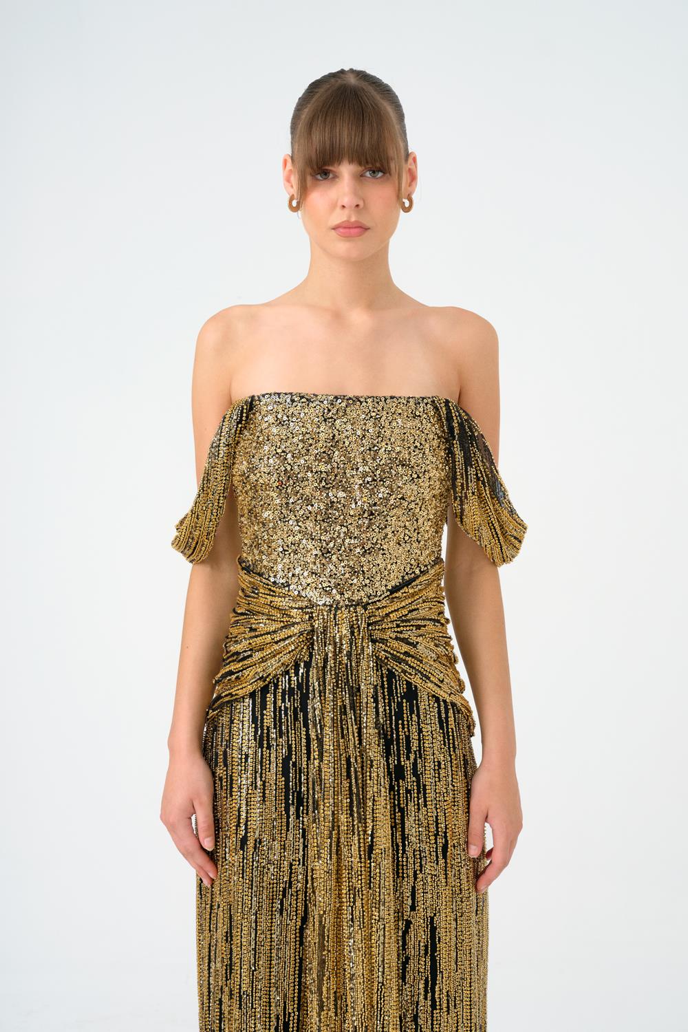 DÜŞÜK OMUZLU STRAPLEZ YAKA TAŞLI UZUN ABİYE ELBİSE - 9059C.