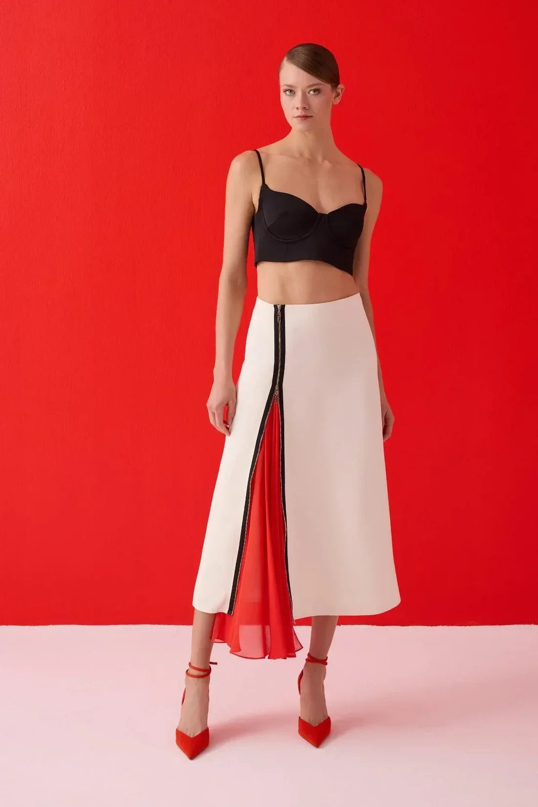 تنورة كريب مع شيفون بتفصيل سحاب