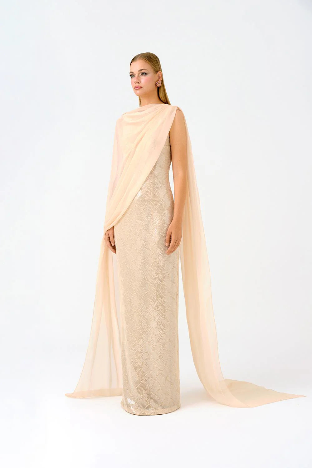 KAYIK YAKA PELERİNLİ PAYET UZUN ABİYE ELBİSE - 9038C