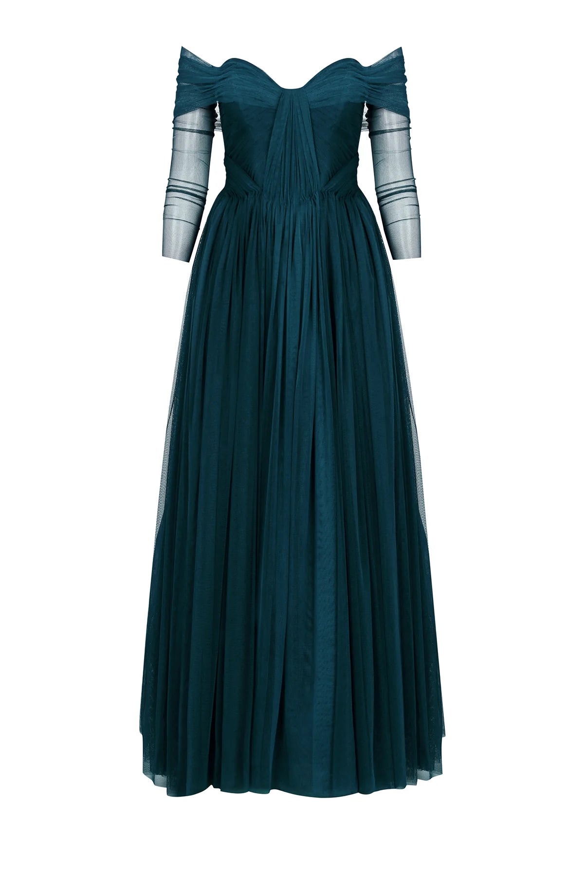 ŞEFFAF TÜL KOLLU STRAPLEZ UZUN ABİYE 2220S