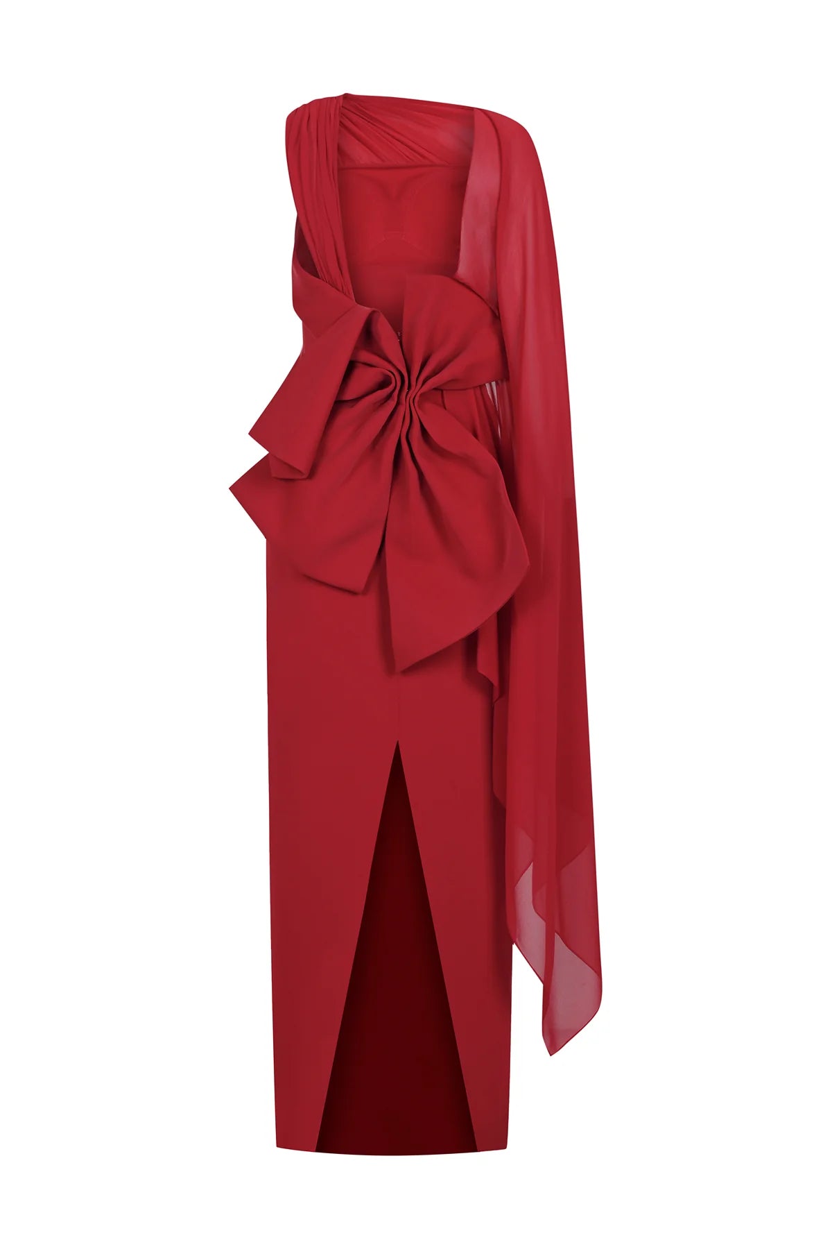 Tül Pelerinli Arka Fiyonk Detaylı Straplez Uzun Abiye ELBİSE 2244