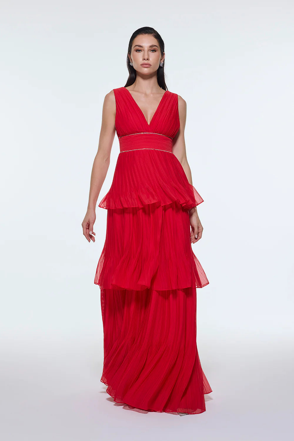 V YAKA VOLANLI ŞİFON UZUN ABİYE ELBİSE - 9274C