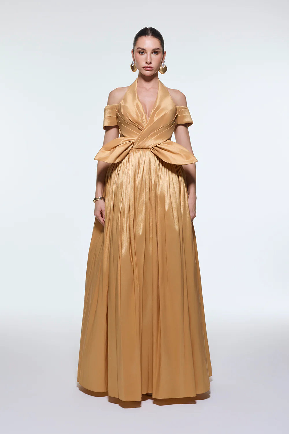 BOYUNDAN ASKILI DÜŞÜK OMUZ TAFTA UZUN ABİYE ELBİSE - 9204C