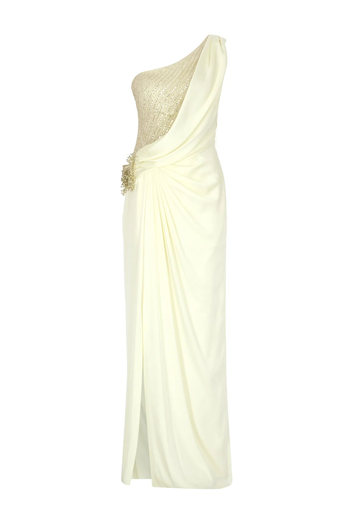 DRAPELİ TEK OMUZ PAYETLİ YIRTMAÇLI ABİYE ELBİSE