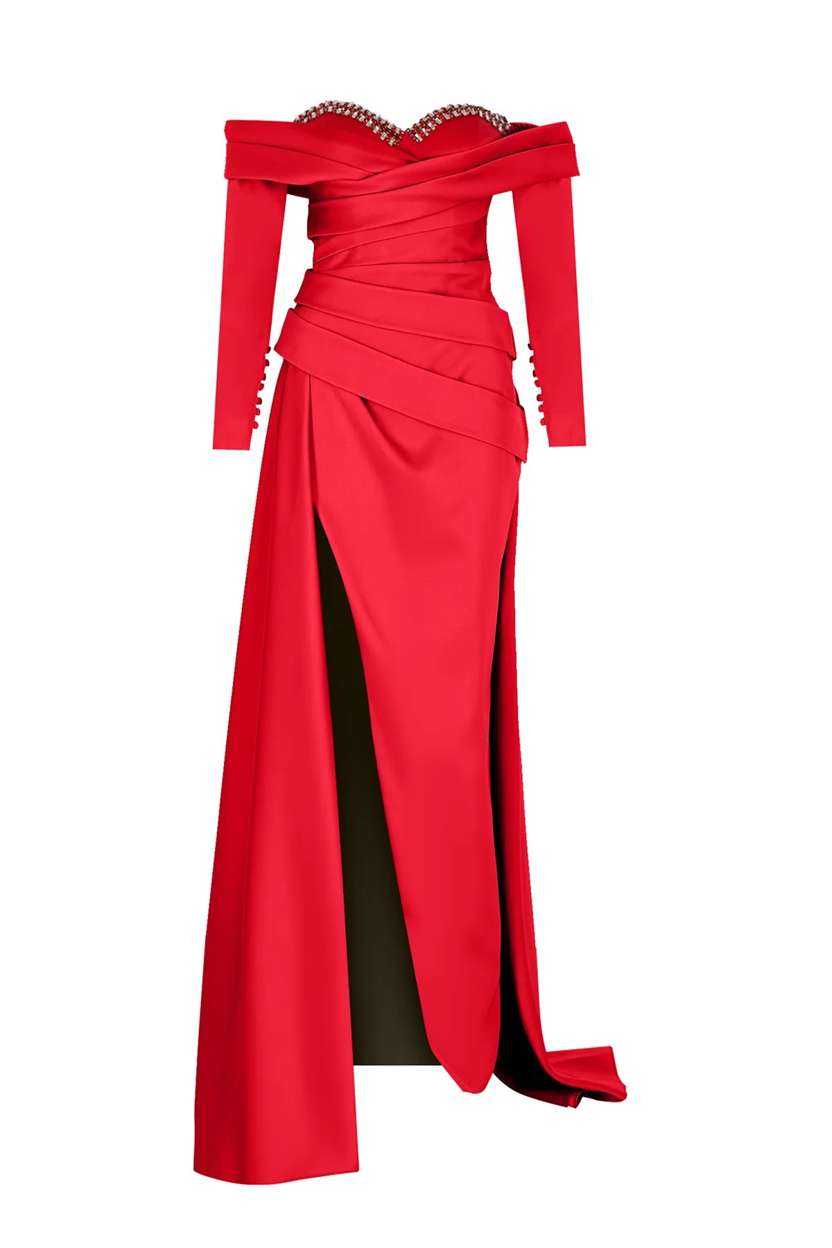 TAŞ İŞLEMELİ UZUN KOLLU SATEN YIRTMAÇLI ABİYE ELBİSE 2312