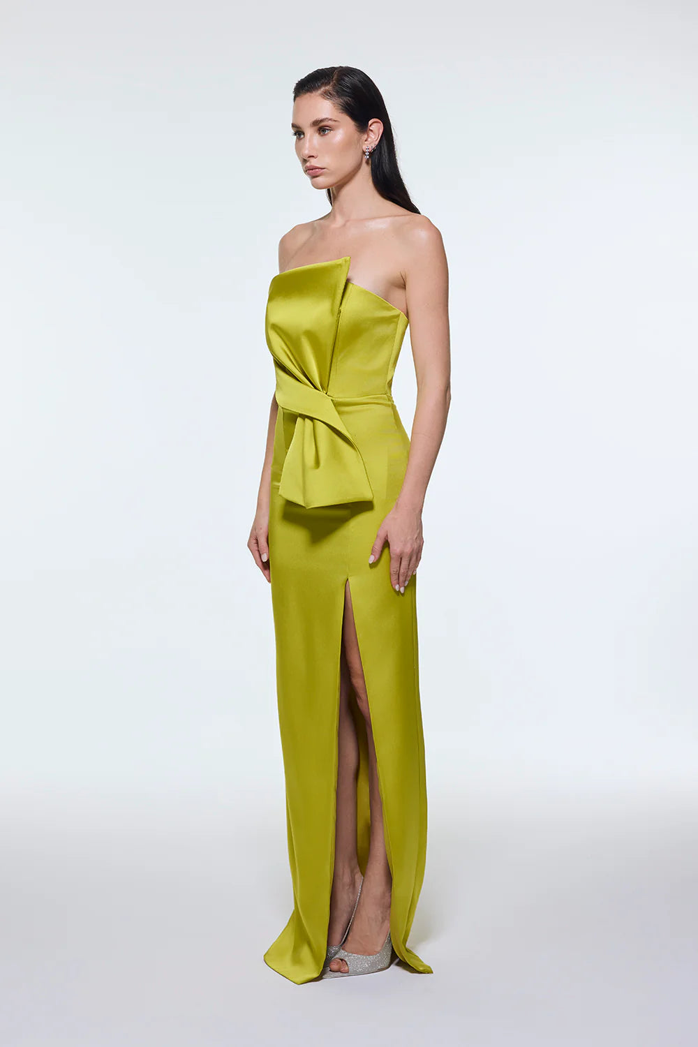 STRAPLEZ YAKA YIRTMAÇLI SATEN UZUN ABİYE ELBİSE - 9281C