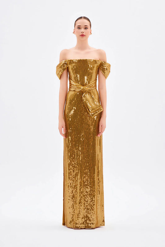 FİYONK DETAYLI PAYETLİ UZUN ABİYE ELBİSE - 9055C