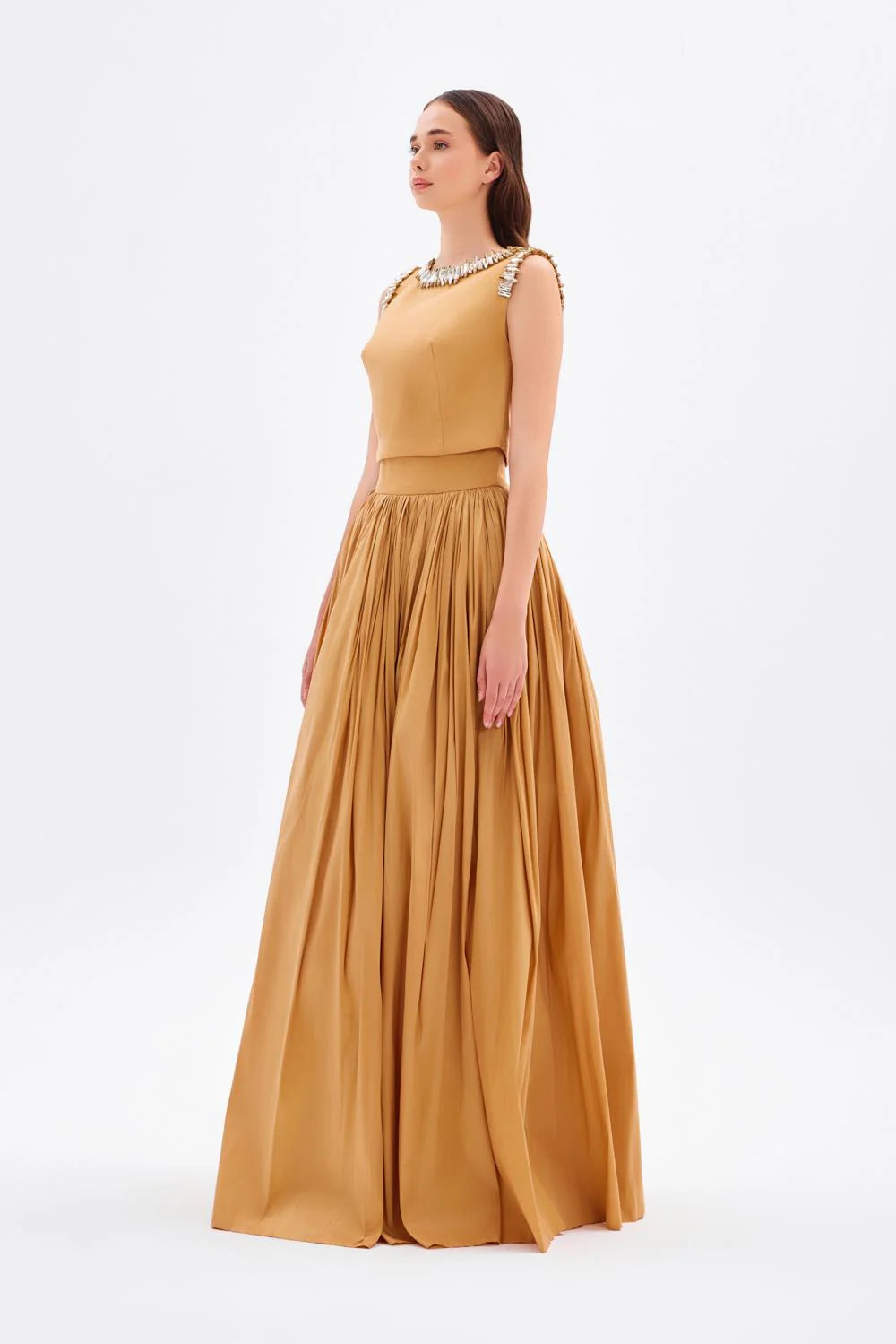 TAŞ İŞLEME DETAYLI TAFTA UZUN ABİYE ELBİSE - 9131C