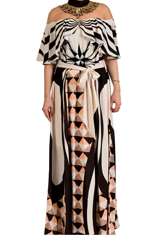 ANTİK ALTIN YAKA DETAYLI GEOMETRİK DESENLİ ABİYE ELBİSE