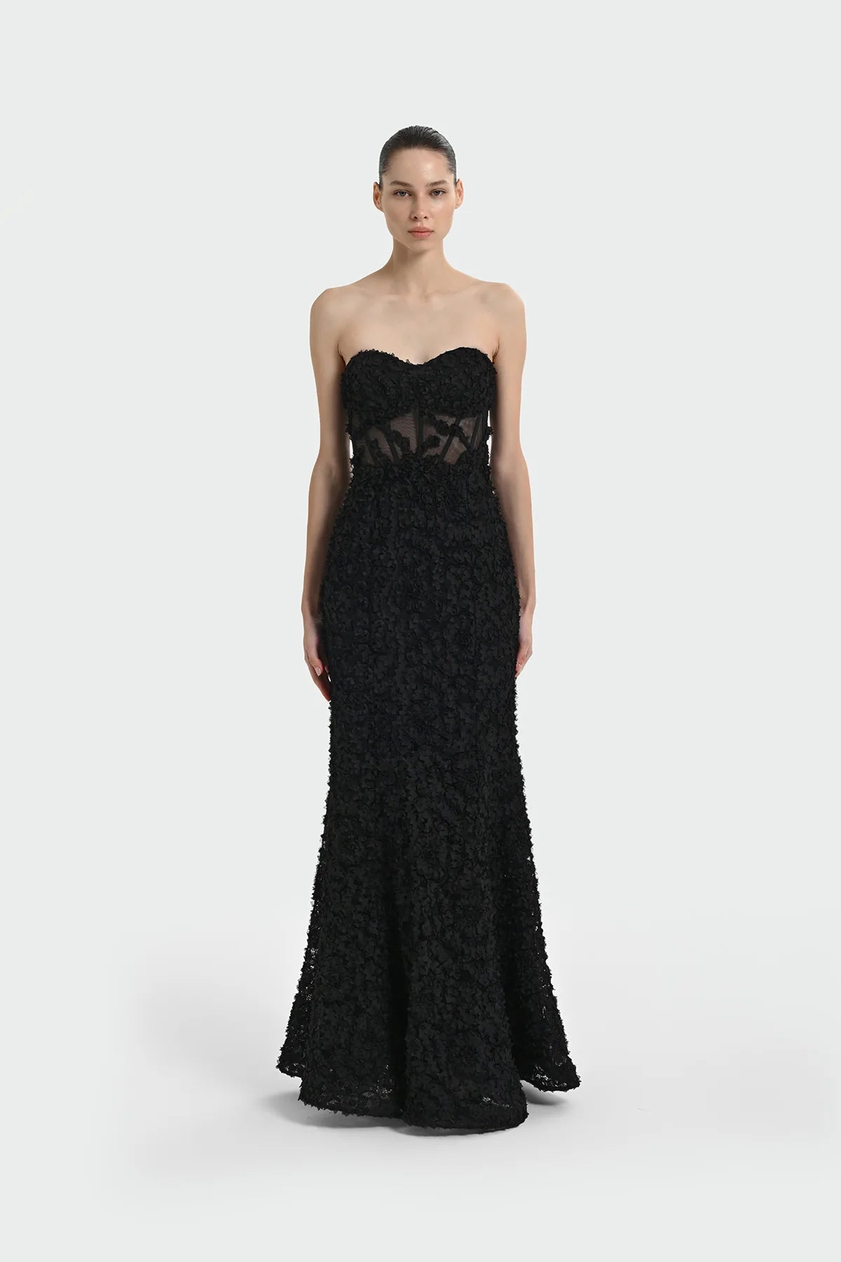 STRAPLEZ ÜÇ BOYUT ÇİÇEKLİ ABİYE ELBİSE 1338