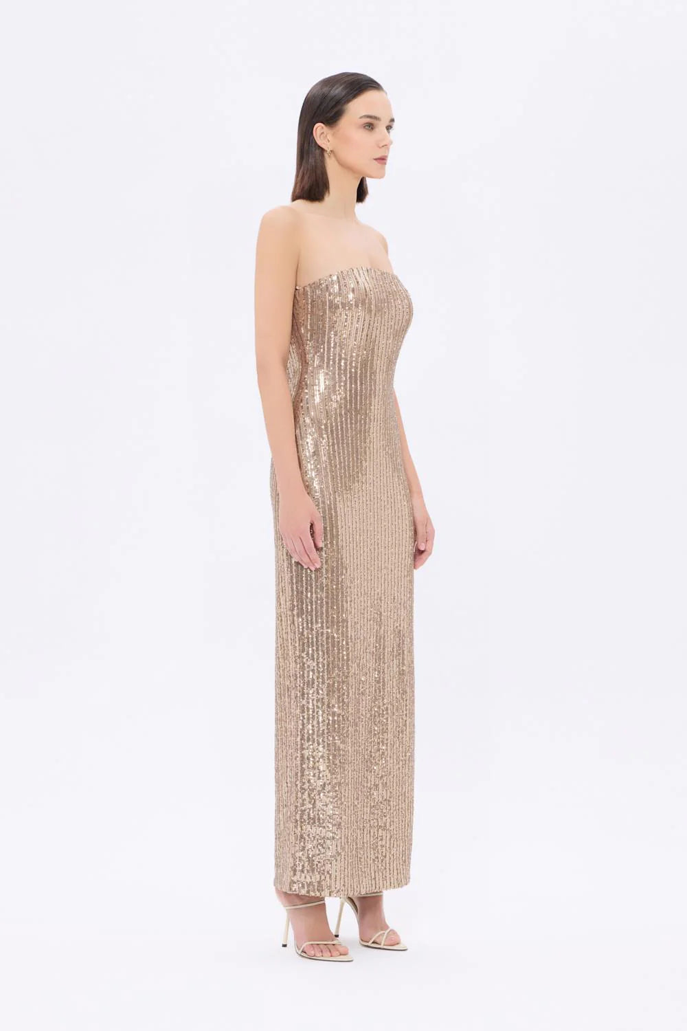 STRAPLEZ YAKA YIRTMAÇLI PAYET UZUN ABİYE ELBİSE - 9293C