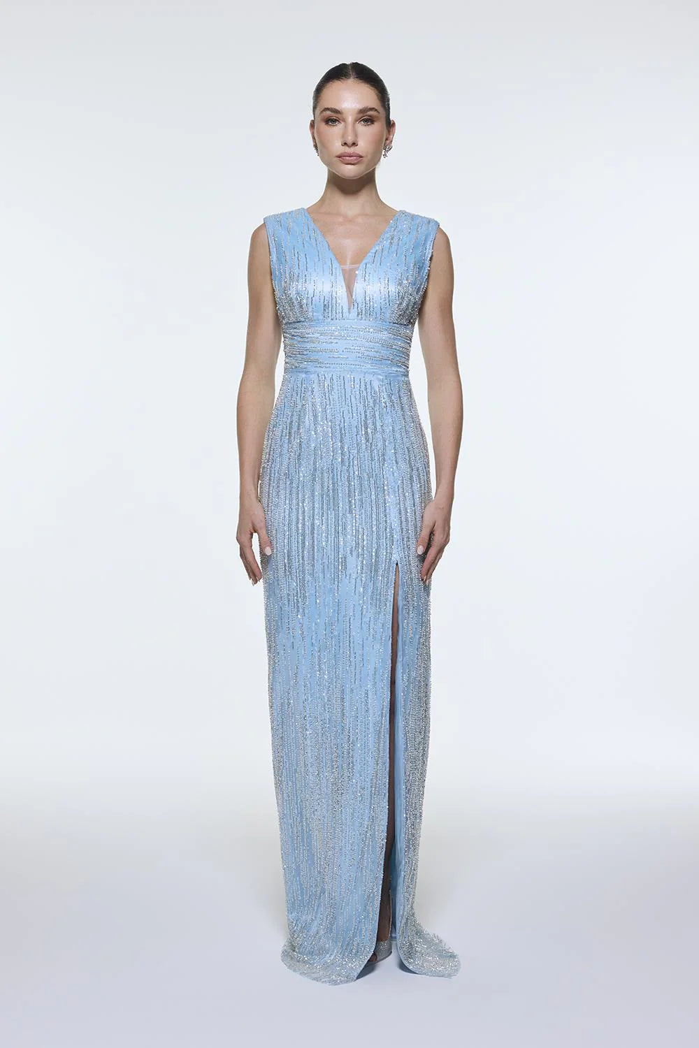 V YAKALI KOLSUZ TAŞ İŞLEMELİ ABİYE ELBİSE - 9349C