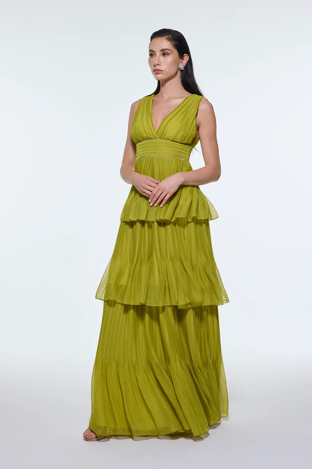 V YAKA VOLANLI ŞİFON UZUN ABİYE ELBİSE - 9274C