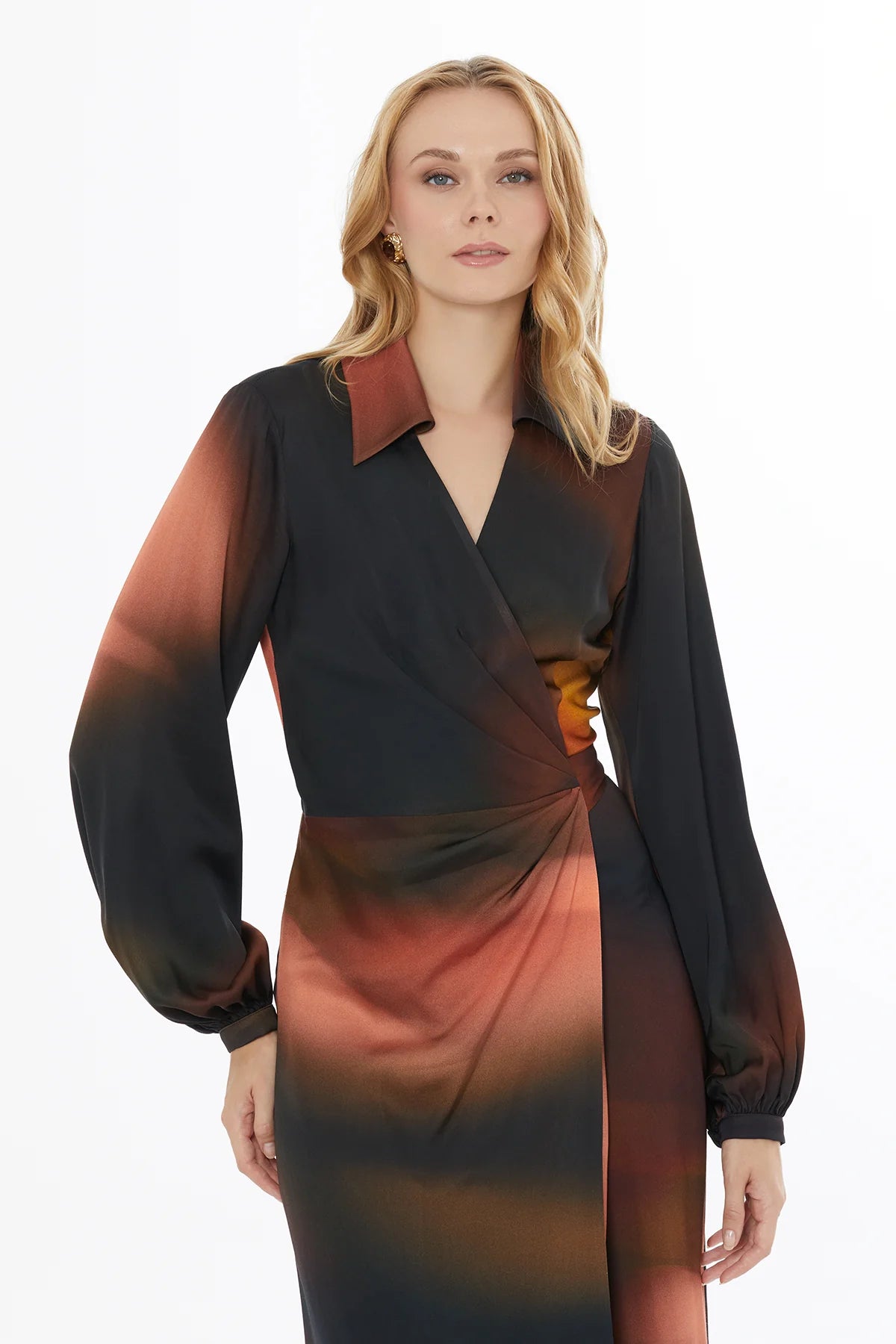 Anveloplu Uzun Kollu Düğmeli Midi Elbise