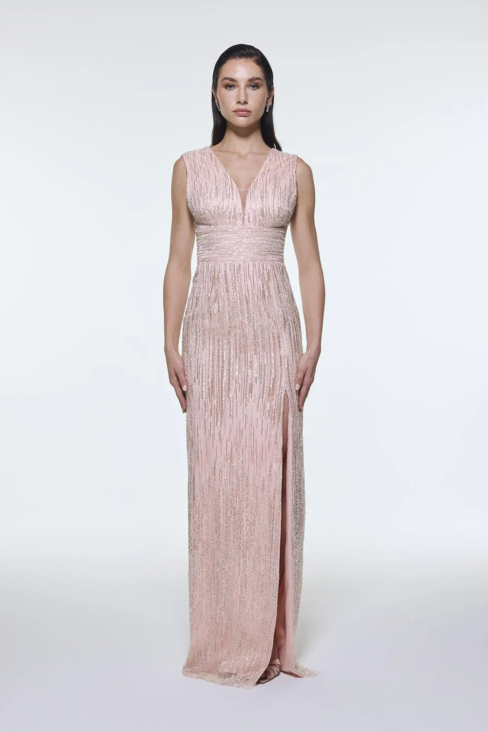 V YAKALI KOLSUZ TAŞ İŞLEMELİ ABİYE ELBİSE - 9349C