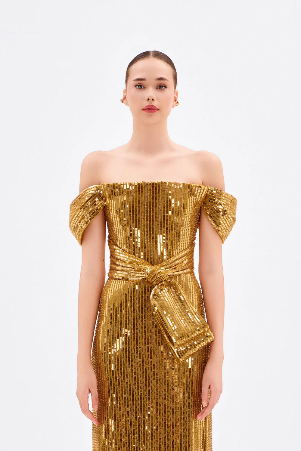 FİYONK DETAYLI PAYETLİ UZUN ABİYE ELBİSE - 9055C