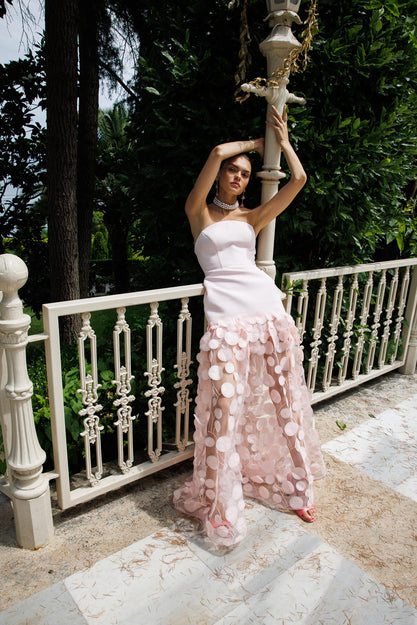 Straplez Üst Krep Eteği 3 Boyutlu Tül Uzun Abiye PEMBE