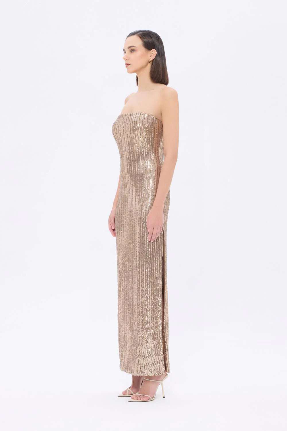 STRAPLEZ YAKA YIRTMAÇLI PAYET UZUN ABİYE ELBİSE - 9293C