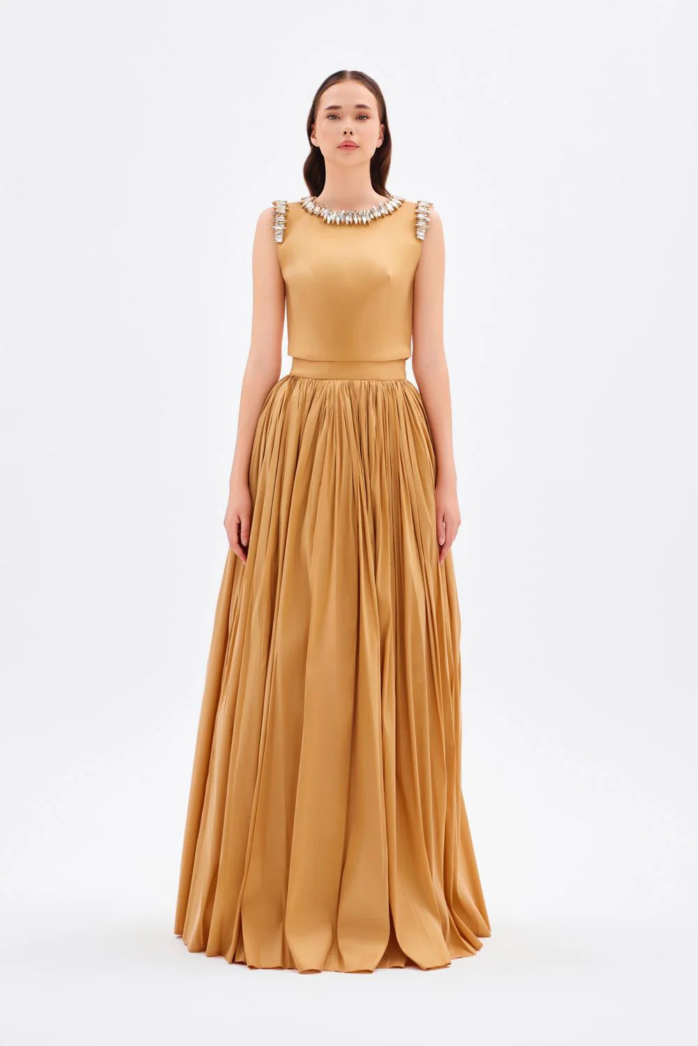 TAŞ İŞLEME DETAYLI TAFTA UZUN ABİYE ELBİSE - 9131C