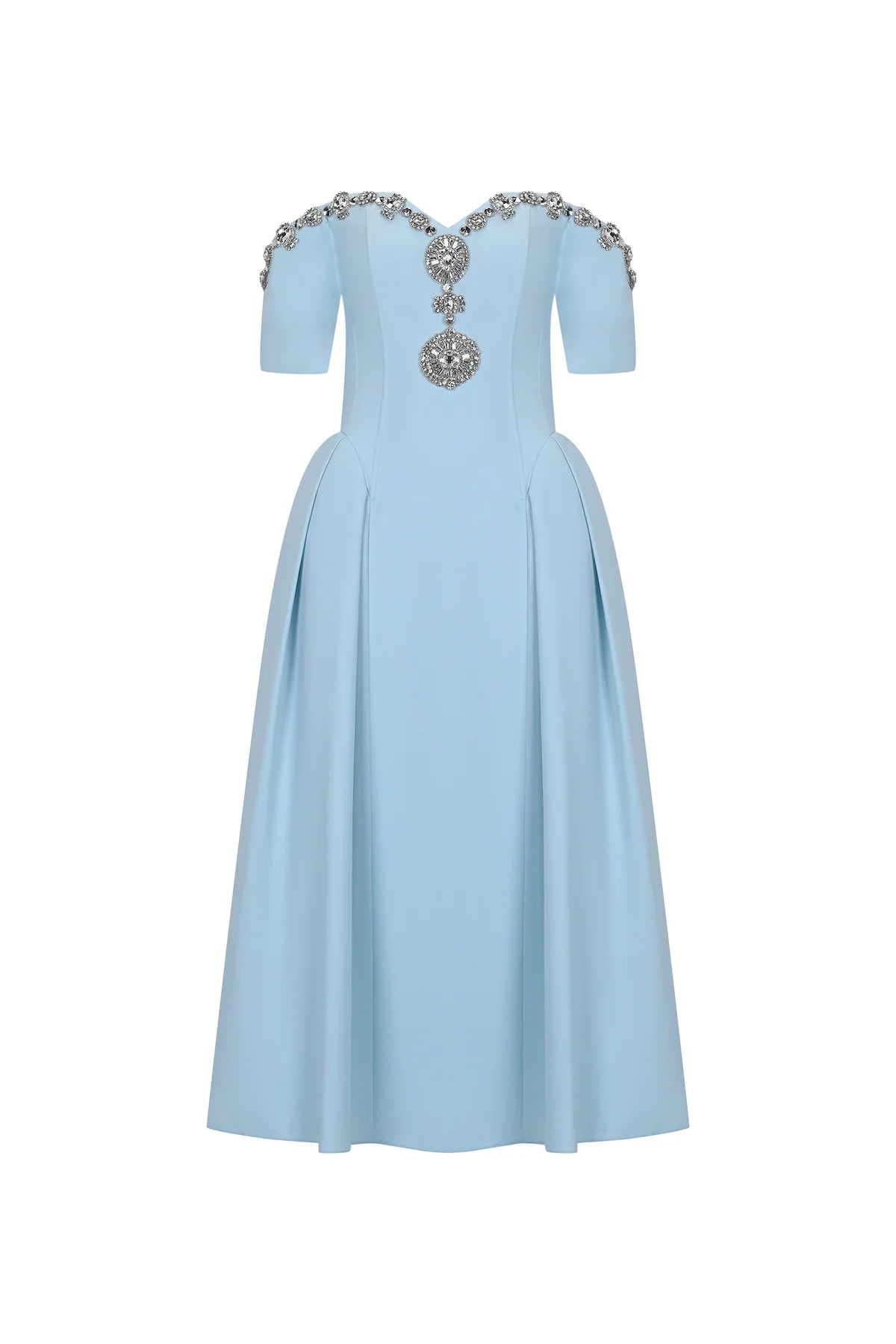 TAŞ İŞLEMELİ DÜŞÜK OMUZ PİLELİ MİDİ ABİYE ELBİSE 2259