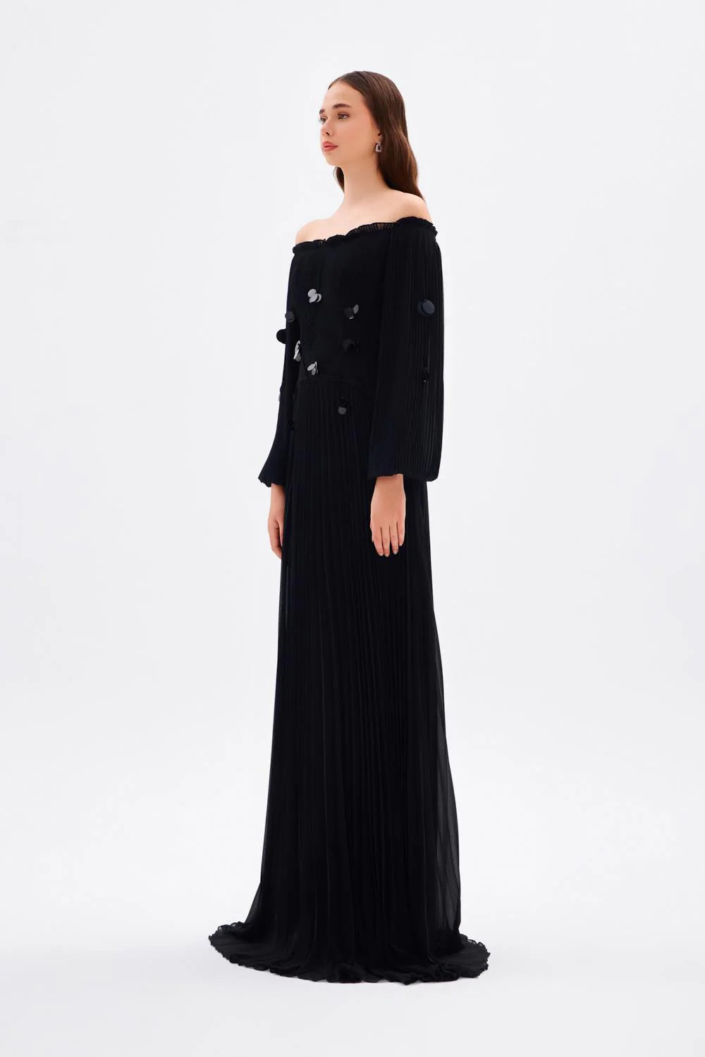 PAPATYA İŞLEMELİ DÜŞÜK KOLLU UZUN ABİYE ELBİSE - 2043C