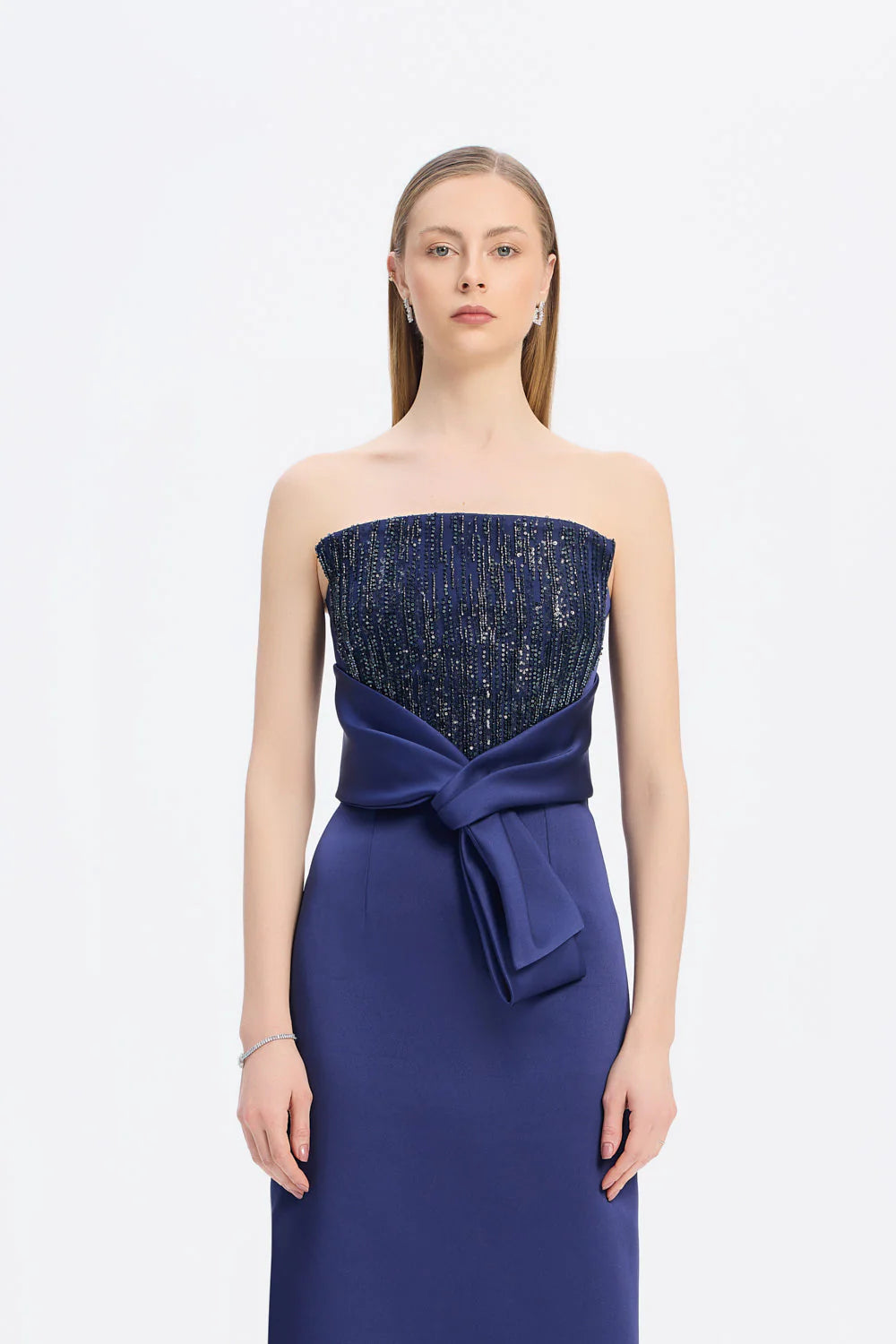 STRAPLEZ YAKA DÜZ KESİM SATEN ABİYE ELBİSE - 9171C