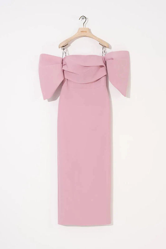 STRAPLEZ DÜŞÜK BALON KOLLU UZUN ELBİSE