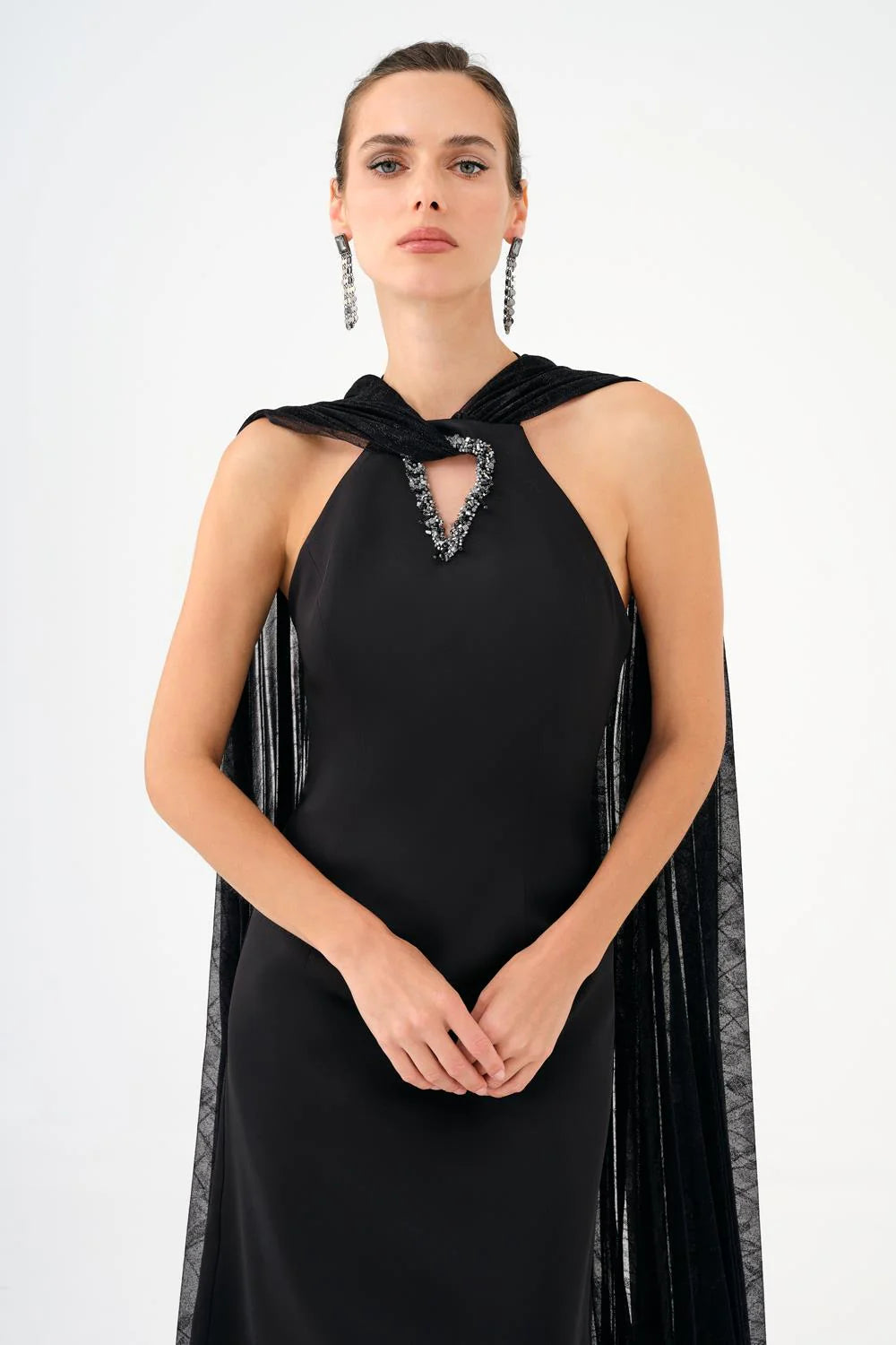 ŞALLI TAŞ İŞLEMELİ SATEN UZUN ABİYE ELBİSE - 9052C