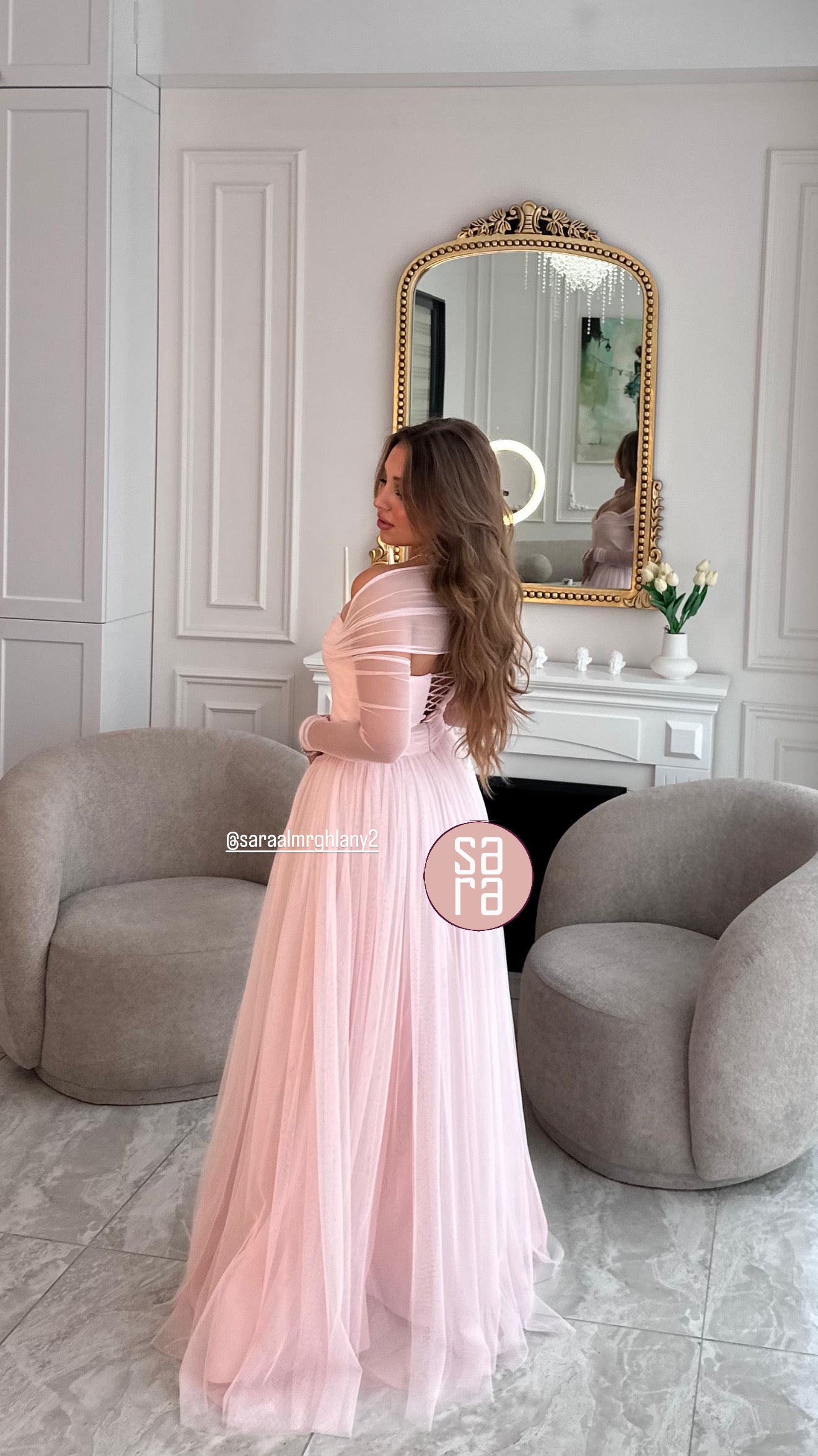 TRANSPARAN TÜL KOLLU STRAPLEZ UZUN ABİYE 2220