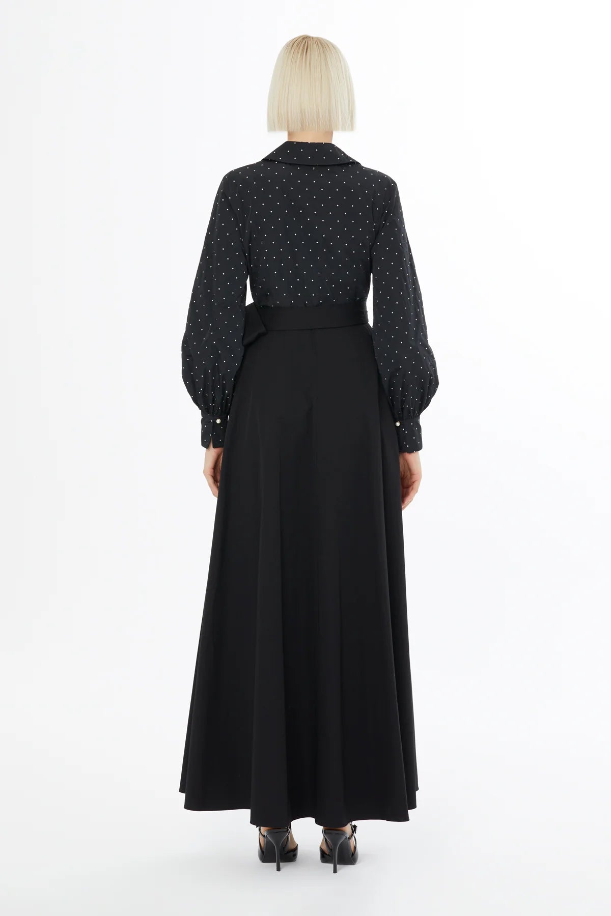 Balon Kollu Bağlamalı Puantiye Uzun Elbise