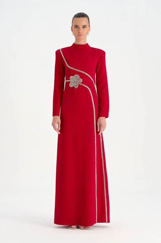 TAŞ İŞLEMELİ TESETTÜR ABİYE ELBİSE - 26186C