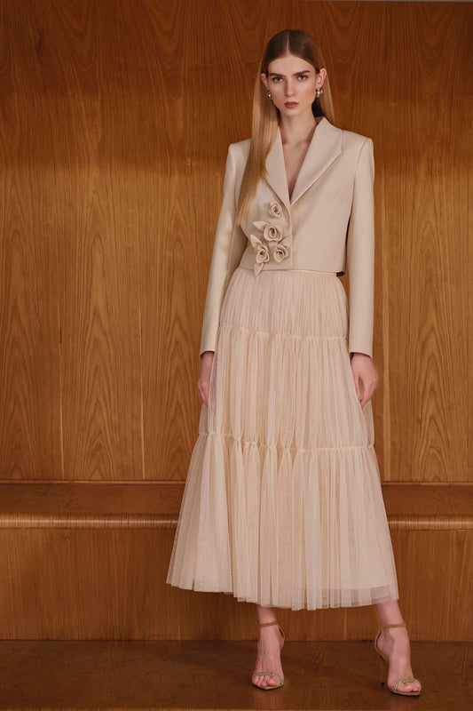 PİLİSELİ BÜZGÜ DETAYLI UZUN TÜL etek caket takim