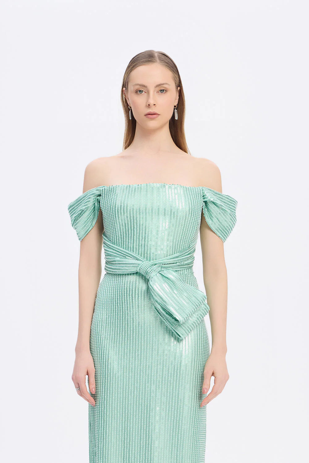 FİYONK DETAYLI PAYETLİ UZUN ABİYE ELBİSE - 9055C