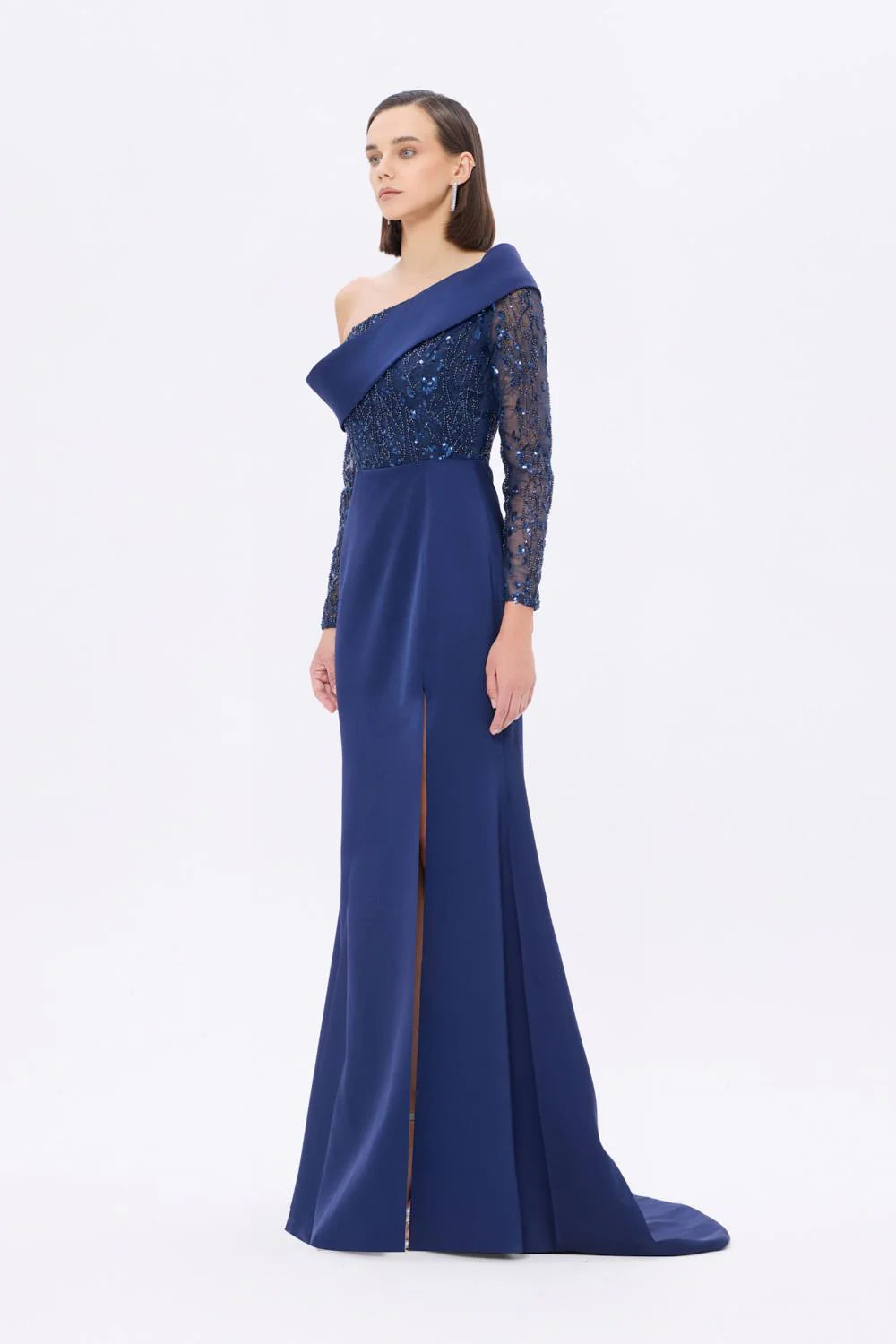 İŞLEME DETAYLI YIRTMAÇLI UZUN ABİYE ELBİSE - 9342C