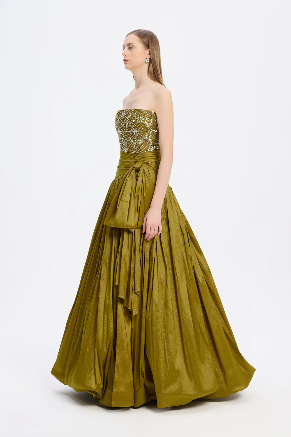 TAŞ İŞLEMELİ YIRTMAÇLI TAFTA UZUN ABİYE ELBİSE - 9107C