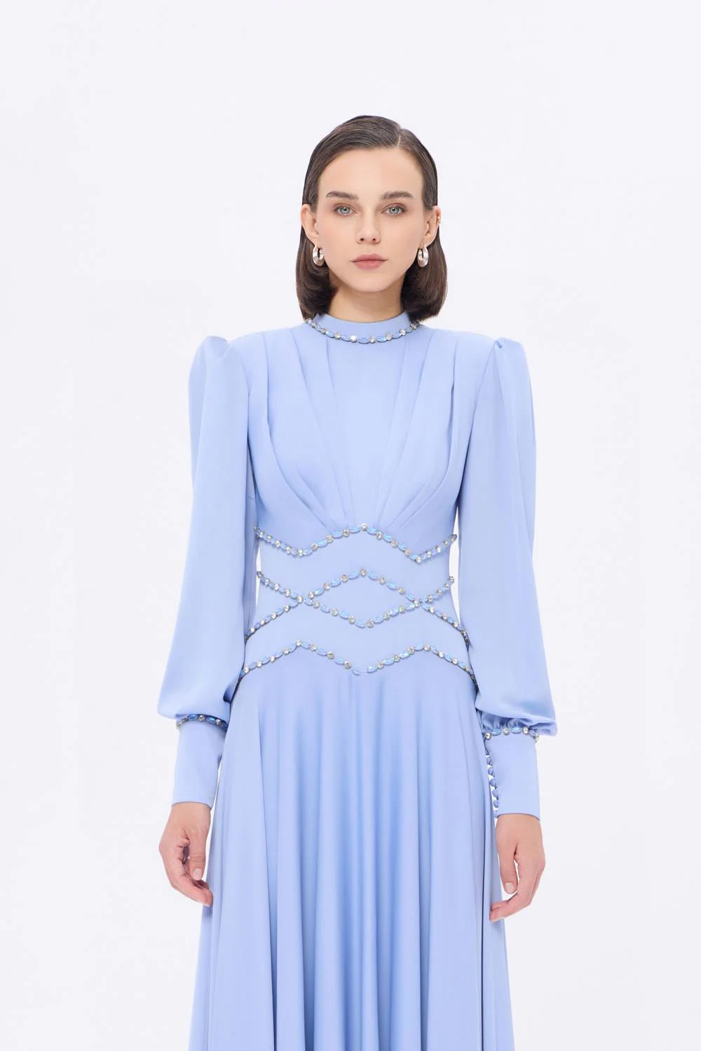 TAŞ İŞLEMELİ DİK YAKA SATEN UZUN ABİYE ELBİSE - 9219C