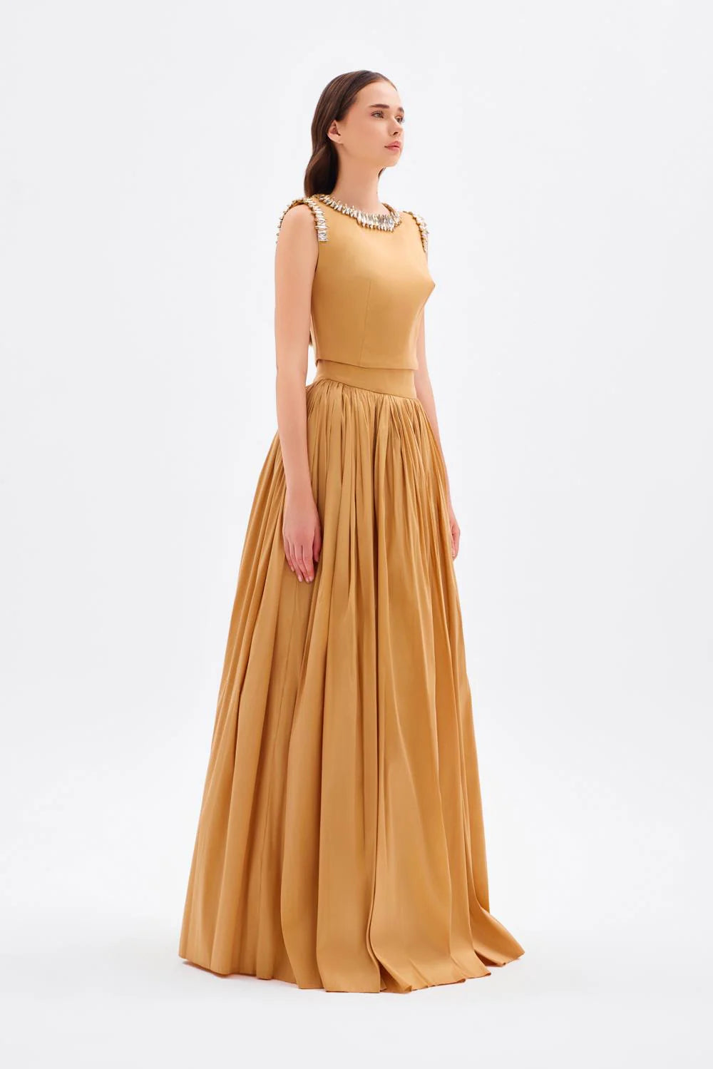 TAŞ İŞLEME DETAYLI TAFTA UZUN ABİYE ELBİSE - 9131C