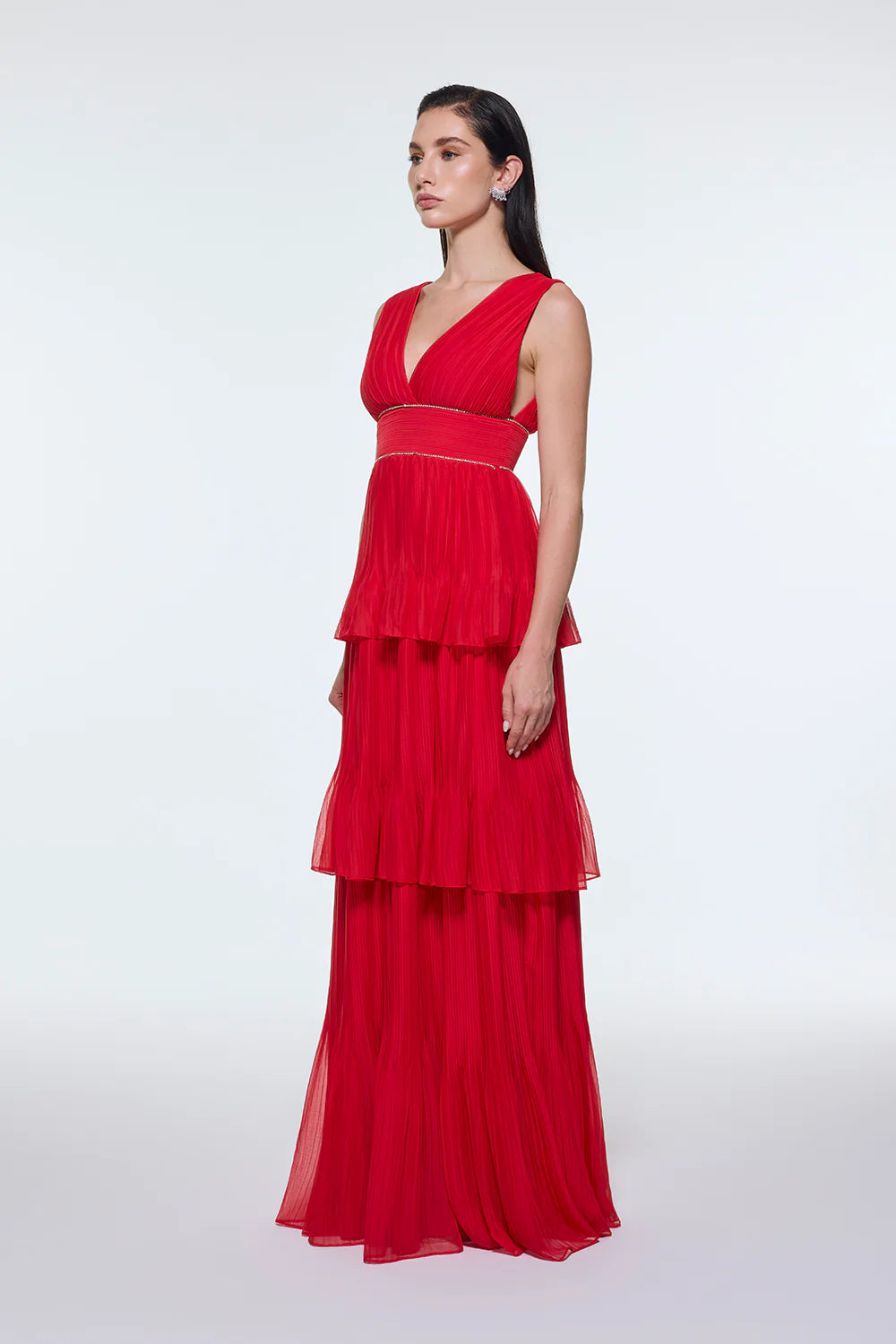 V YAKA VOLANLI ŞİFON UZUN ABİYE ELBİSE - 9274C