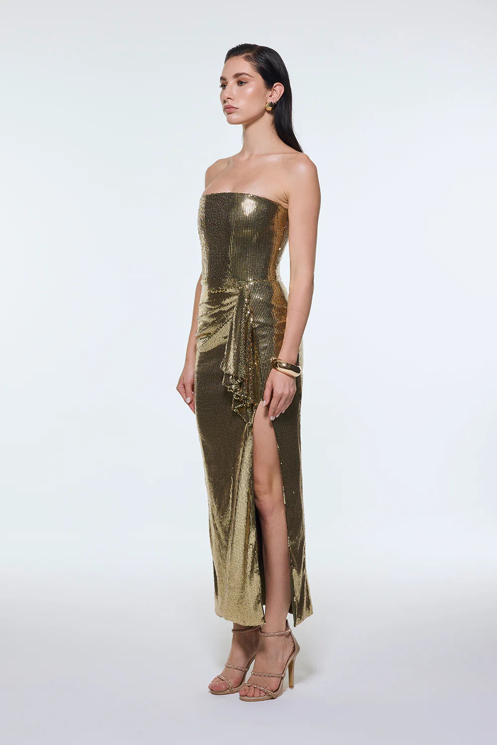 BEL ÖRTÜ DETAYLI STRAPLEZ MİDİ ABİYE ELBİSE - 9295C