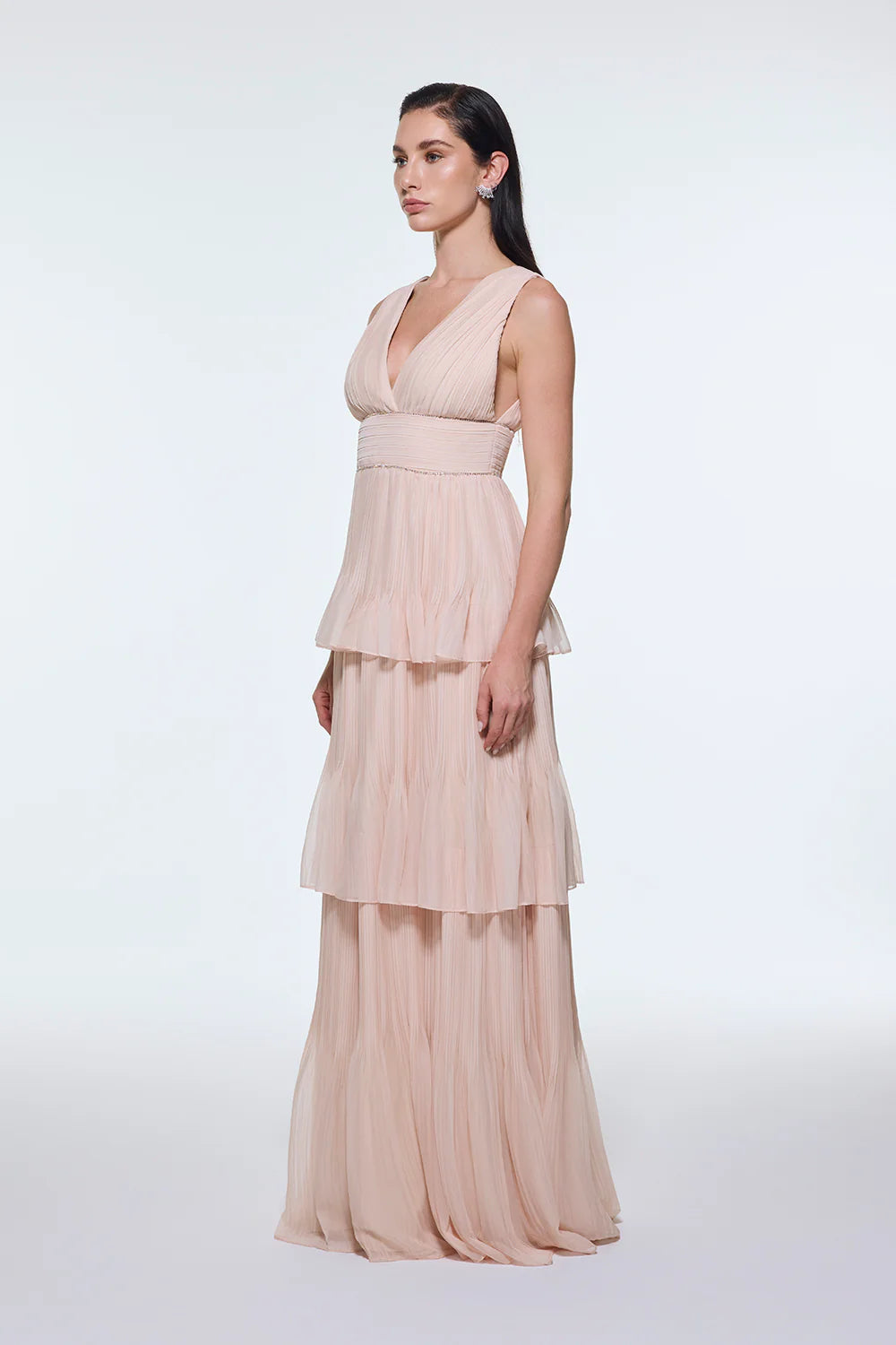 V YAKA VOLANLI ŞİFON UZUN ABİYE ELBİSE - 9274C