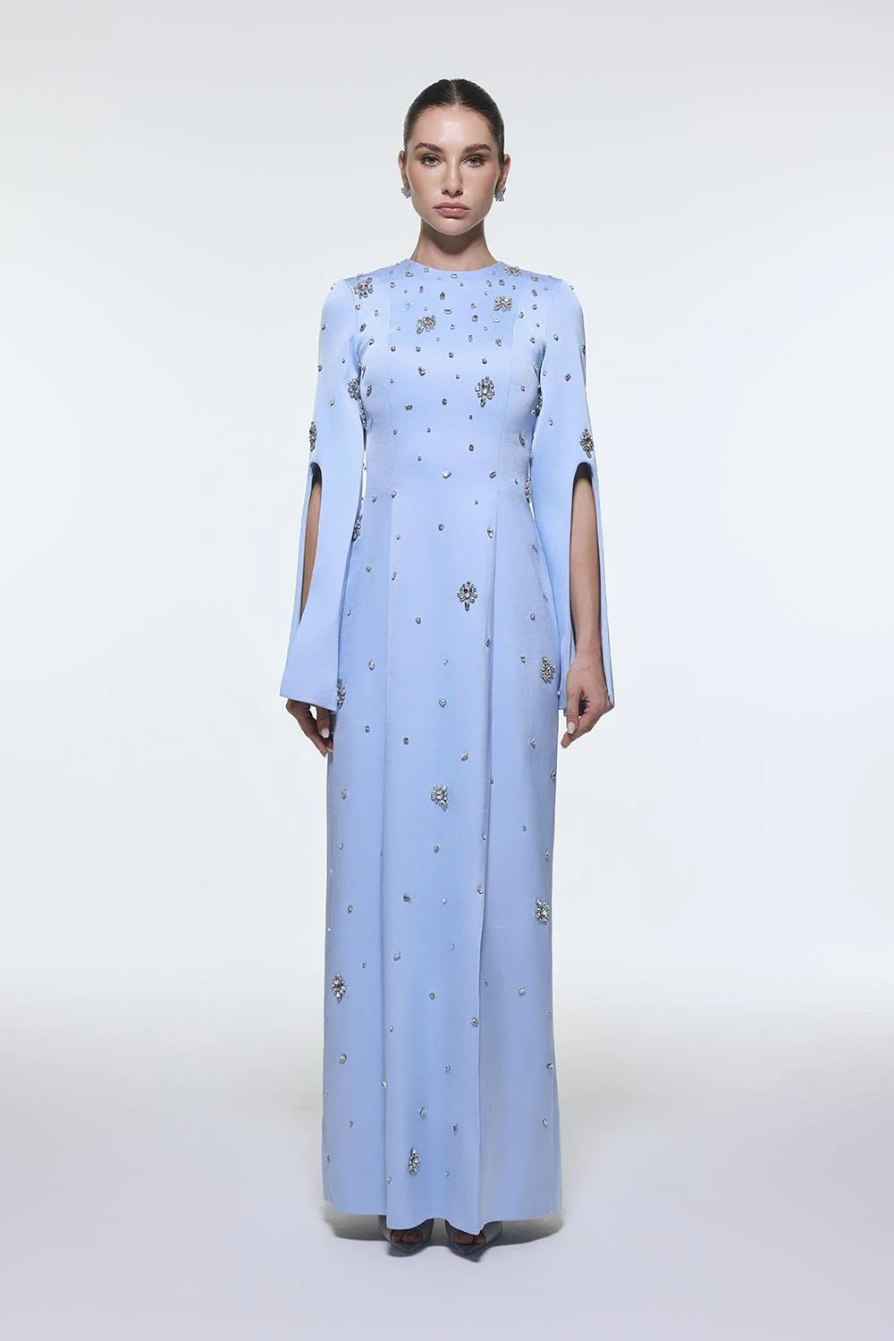 TAŞ İŞLEMELİ UZUN KOLLU KREP ABİYE ELBİSE - 9403C